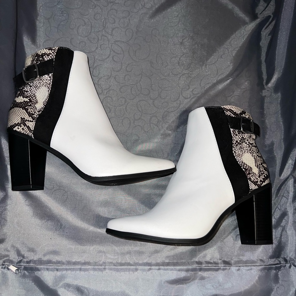 Black and White Faux Snakeskin Ankle Boots with Heel